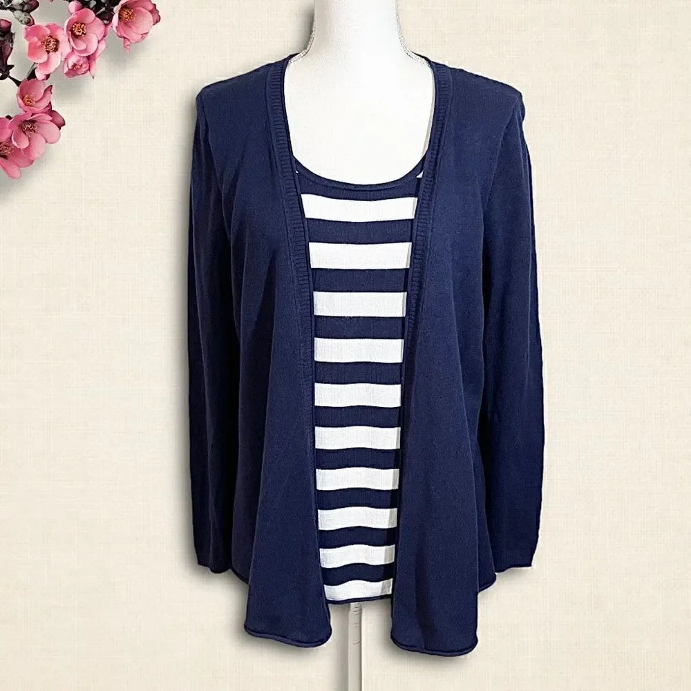 Navy & White Stripe Pullover Faux Cardigan Sweater Sz L 12-14